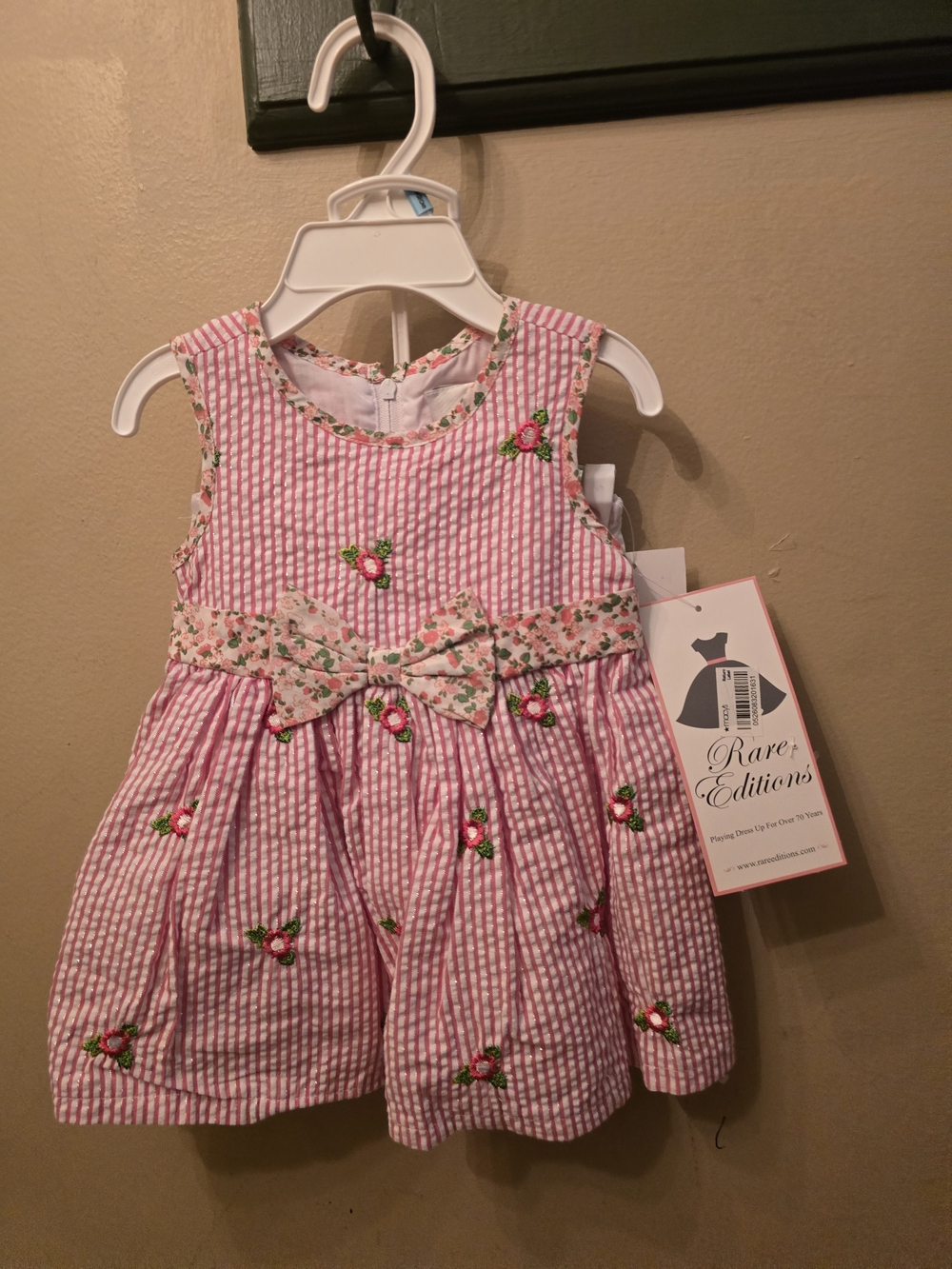 NWT Rare Editions Pink Floral Seersucker Bow Dress for Girls 3-6 Months